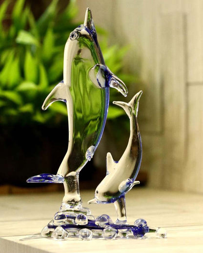 Playful Dolphin with Calf Crystal Glass Showpiece | 4 x 2 x 7 inches