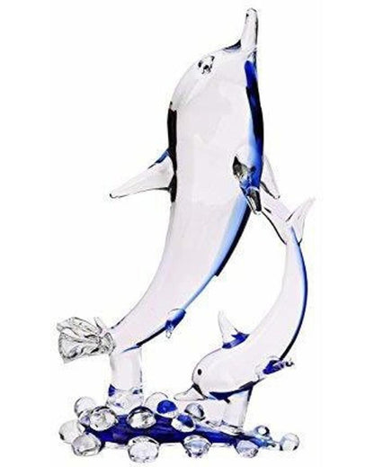 Playful Dolphin with Calf Crystal Glass Showpiece | 4 x 2 x 7 inches