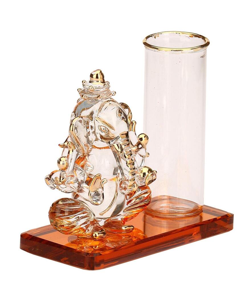 Distinctive Ganesha Table Top Pen Stand Crystal Glass Showpiece | 4 x 2 inches