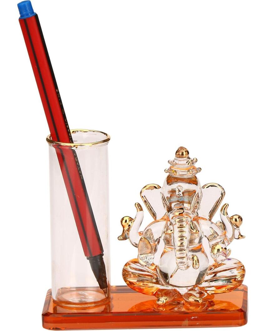 Distinctive Ganesha Table Top Pen Stand Crystal Glass Showpiece | 4 x 2 inches