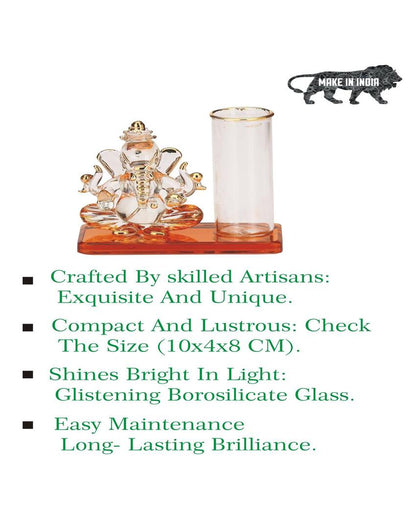 Distinctive Ganesha Table Top Pen Stand Crystal Glass Showpiece | 4 x 2 inches