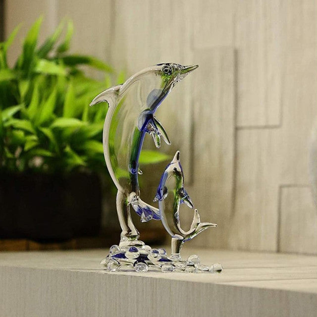 Baby Dolphin with Mother Crystal Glass Showpiece | 4 x 2 x 6 inches