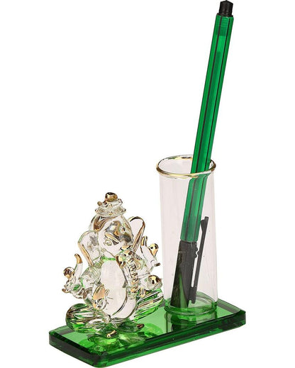 Unique Ganesha Table Top Pen Stand Crystal Glass Showpiece | 4 x 2 inches