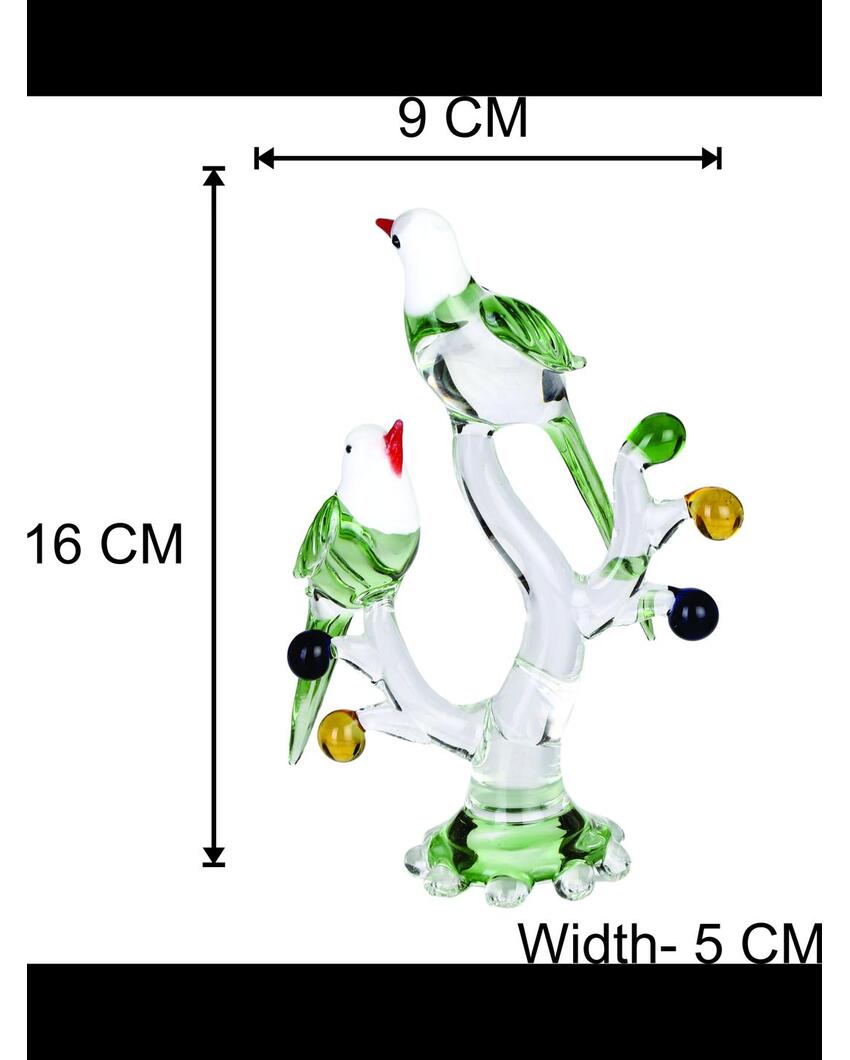 Birds Pair on Tree Crystal Glass Showpiece | Set of 4 | 4 x 2 x 7 inches