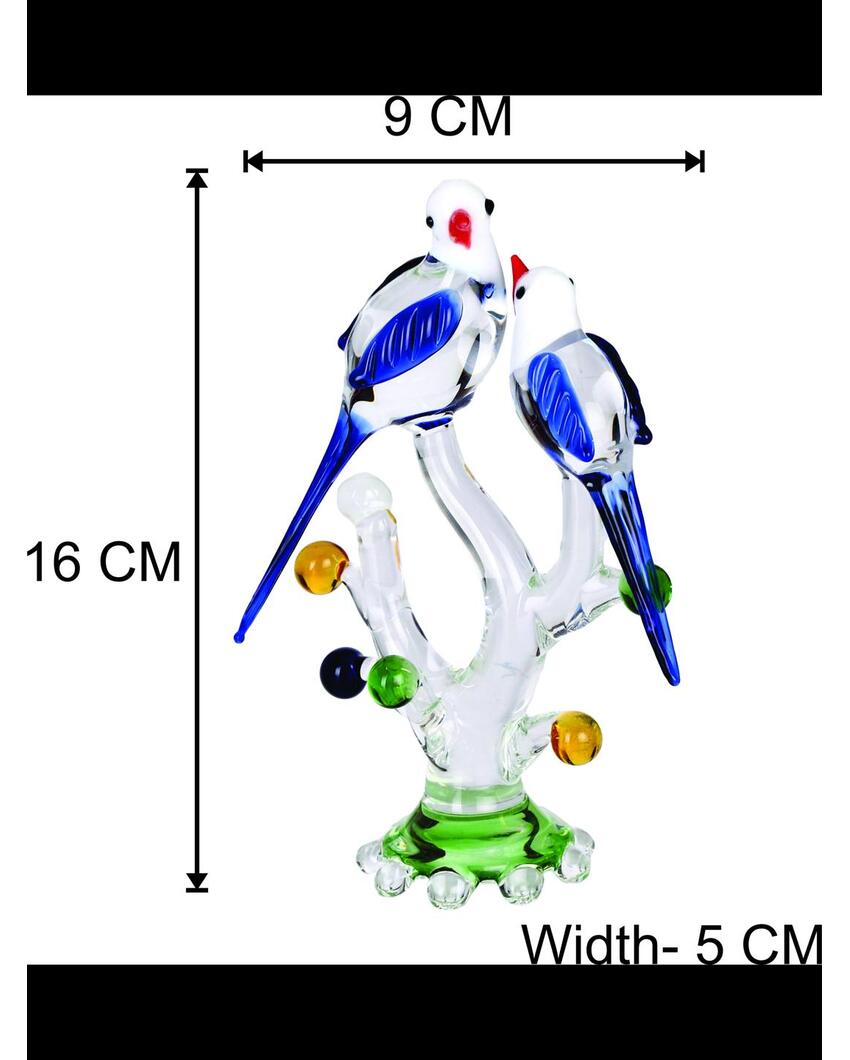 Loving Birds Pair on Tree Crystal Glass Showpiece | Set of 4 | 4 x 2 x 7 inches