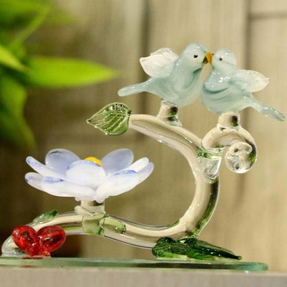 Love Making Bird Pair on Lily Crystal Glass Showpiece | 4 x 2 inches