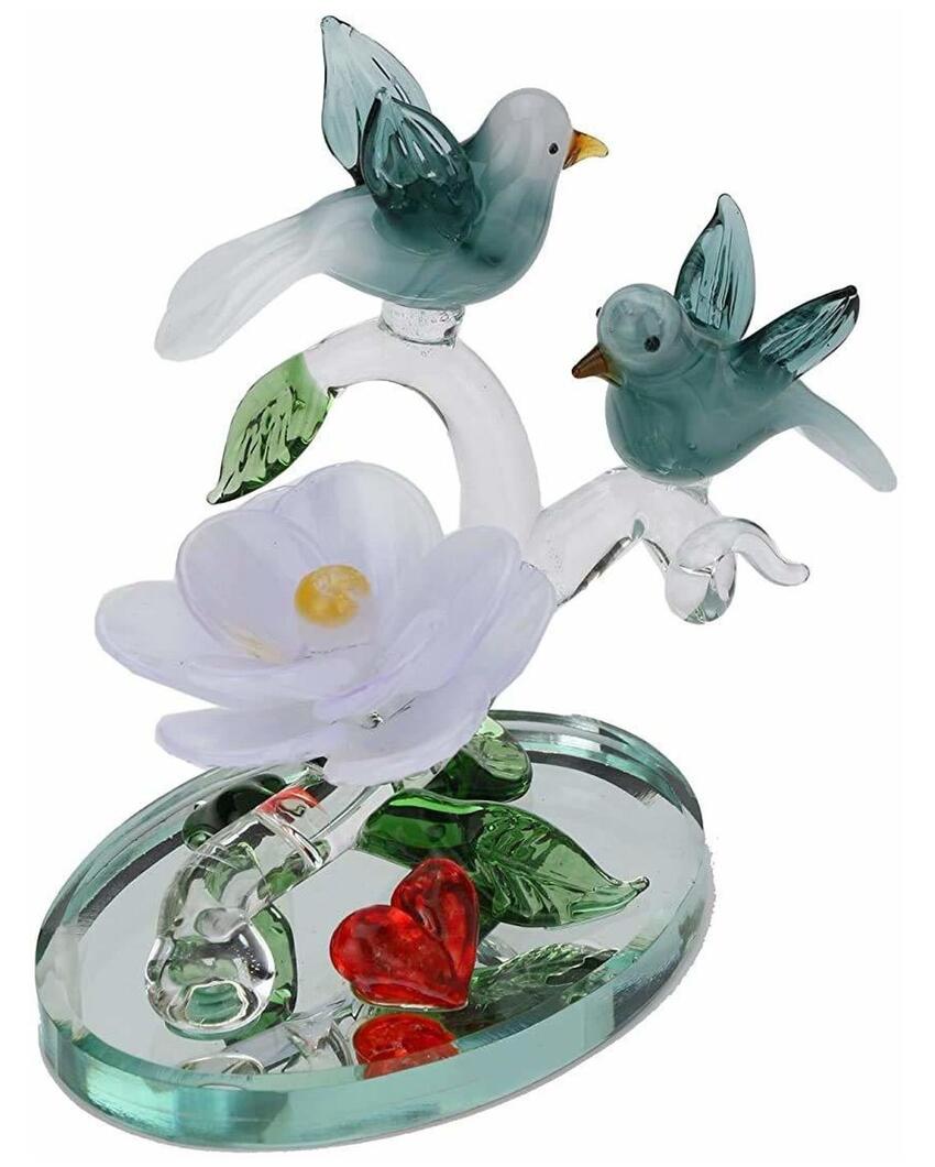 Love Making Bird Pair on Lily Crystal Glass Showpiece | 4 x 2 inches