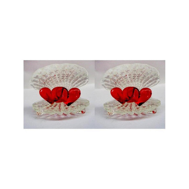 Couple Heart in Shell Crystal Glass Showpiece | Set of 2 | 2 x 2 inches