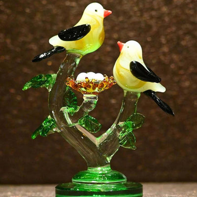 Bird Couple with Chicks Crystal Glass Showpiece | 3 x 2 x 6 inches