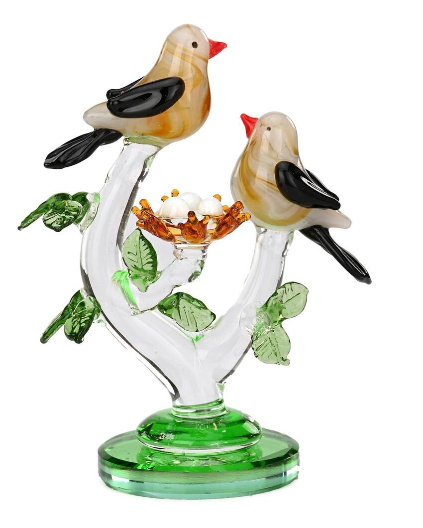 Bird Couple with Chicks Crystal Glass Showpiece | 3 x 2 x 6 inches