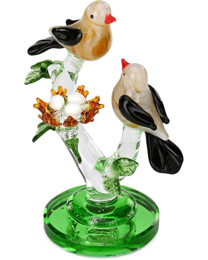 Bird Couple with Chicks Crystal Glass Showpiece | 3 x 2 x 6 inches