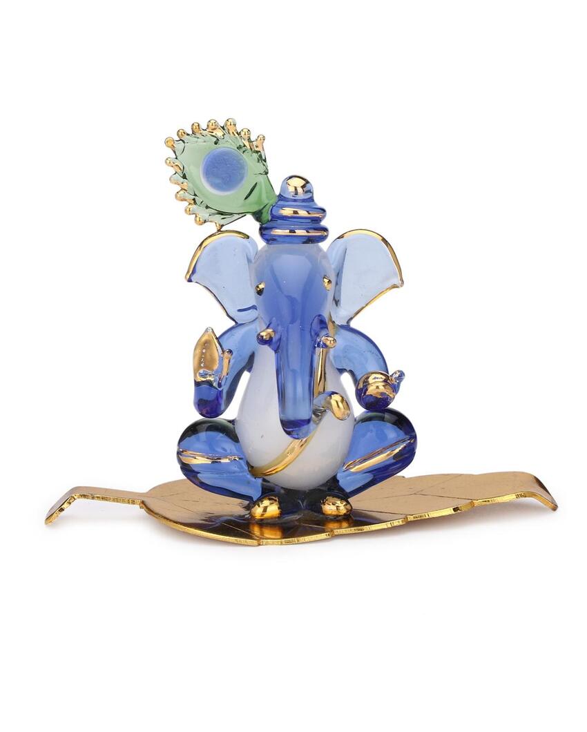 Morpankhi Ganesha on Leaf Crystal Glass Showpiece | 4 x 2 x 3 inches