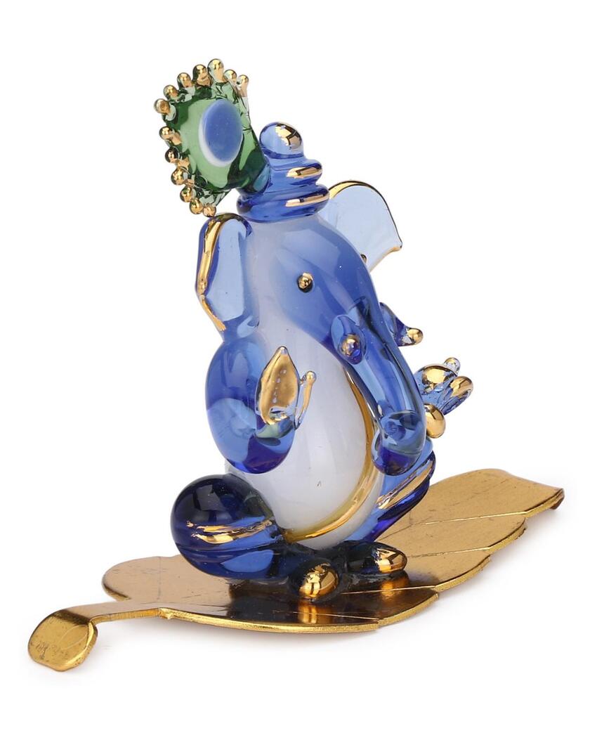 Morpankhi Ganesha on Leaf Crystal Glass Showpiece | 4 x 2 x 3 inches