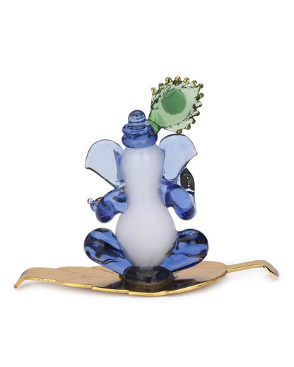 Morpankhi Ganesha on Leaf Crystal Glass Showpiece | 4 x 2 x 3 inches