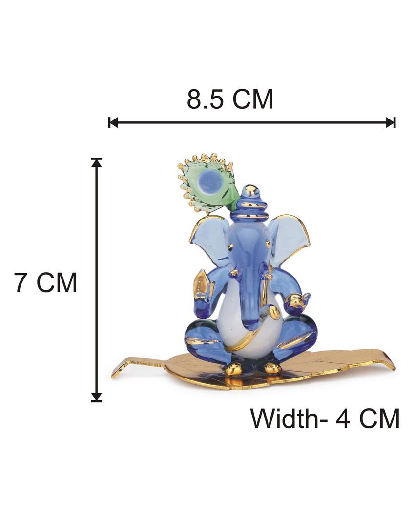 Morpankhi Ganesha on Leaf Crystal Glass Showpiece | 4 x 2 x 3 inches