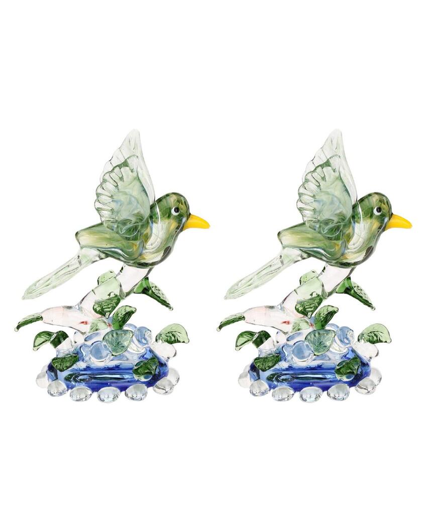 Bird with Peak Crystal Glass Showpiece | Set of 2 | 4 x 3 inches