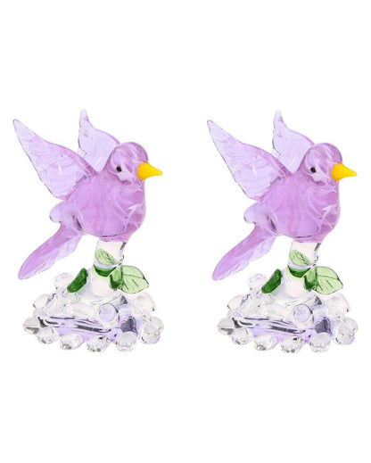 Relaxed Bird on Tree Crystal Glass Showpiece | Set of 2 | 4 x 3 inches