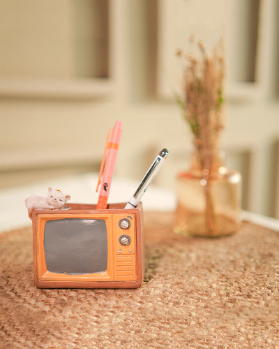 Retro Vintage Television Brown Pen Stand | 3 x 4 inches