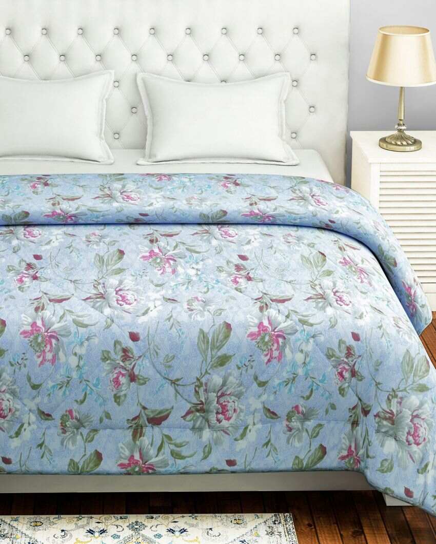 Midas Monalisa Blue Floral Cotton Double Bed Size Quilt | 100 x 90 inches