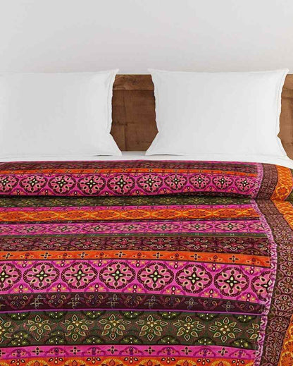 Ethnic Motif Pink Cotton Double Bed Size Quilt | 100 x 90 inches