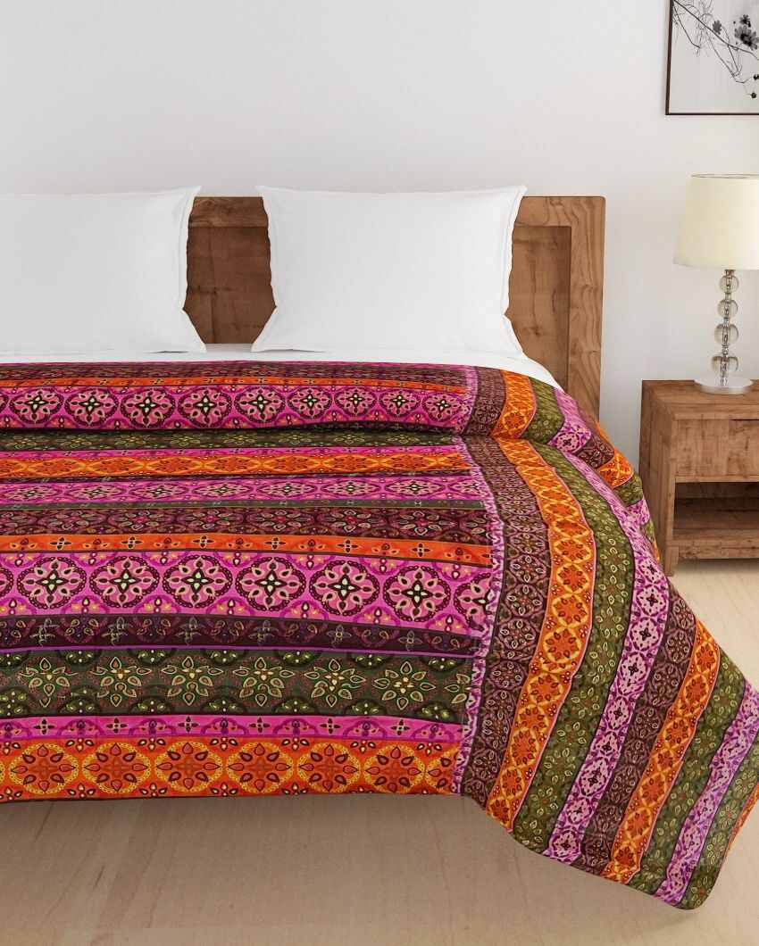 Ethnic Motif Pink Cotton Double Bed Size Quilt | 100 x 90 inches