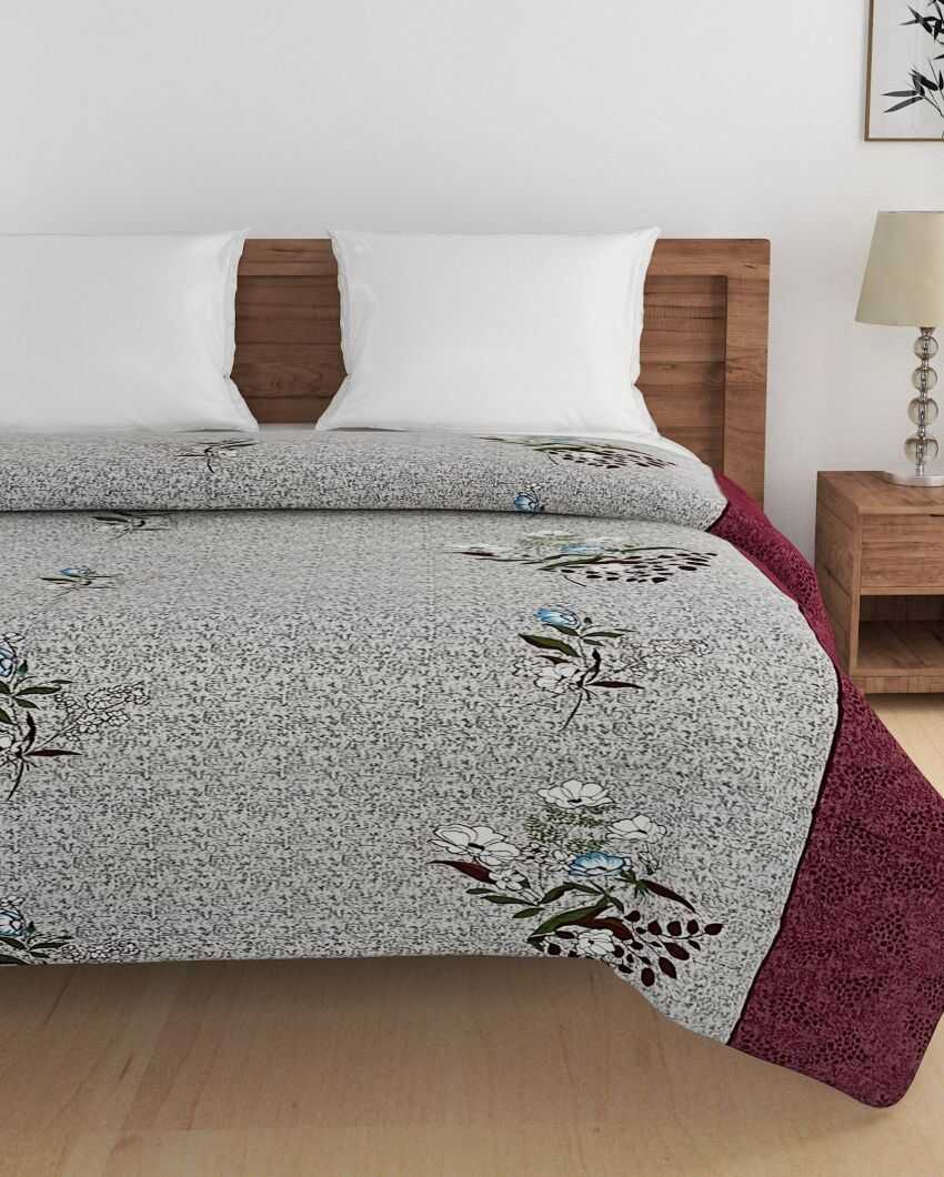 Veda Red Floral Cotton Double Bed Size Quilt | 100 x 90 inches