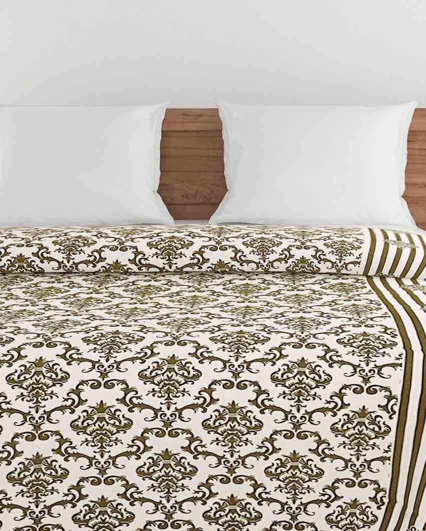 Veda Brown Motif Cotton Double Bed Size Quilt | 100 x 90 inches