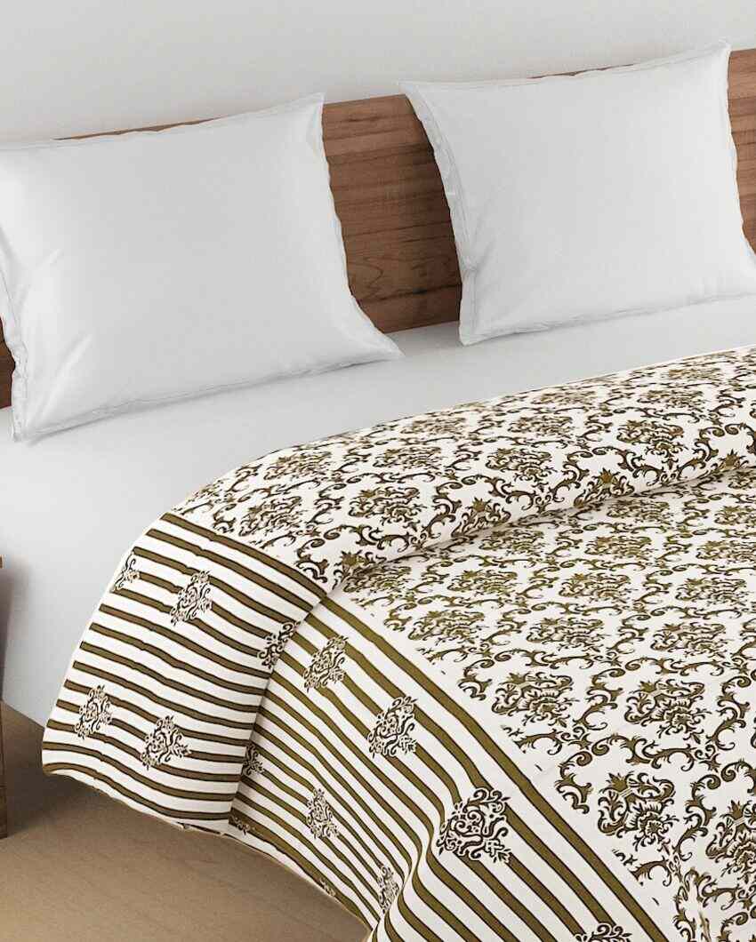 Veda Brown Motif Cotton Double Bed Size Quilt | 100 x 90 inches