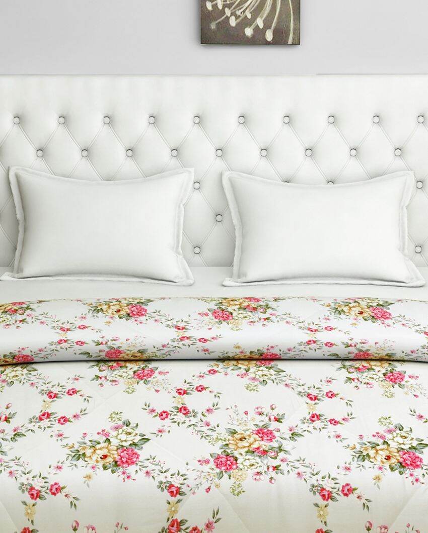 Zinnia White Floral Cotton Double Bed Size Quilt | 100 x 90 inches