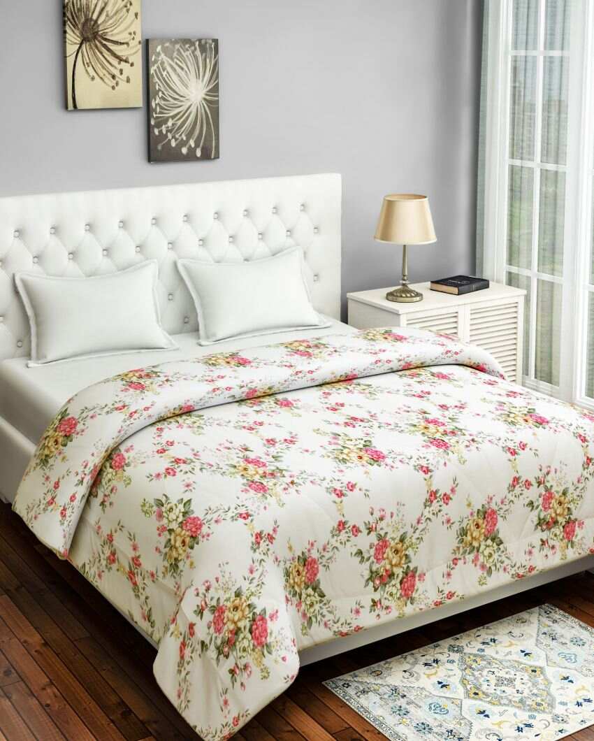 Zinnia White Floral Cotton Double Bed Size Quilt | 100 x 90 inches