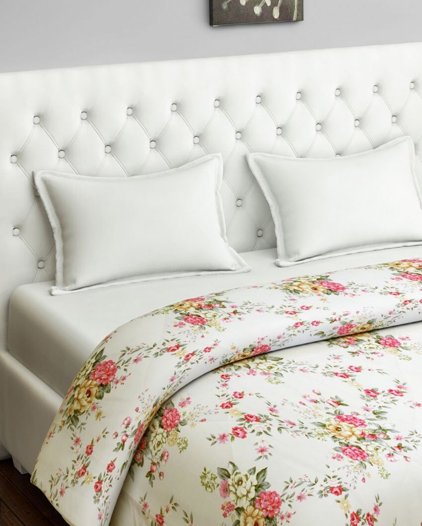 Zinnia White Floral Cotton Double Bed Size Quilt | 100 x 90 inches