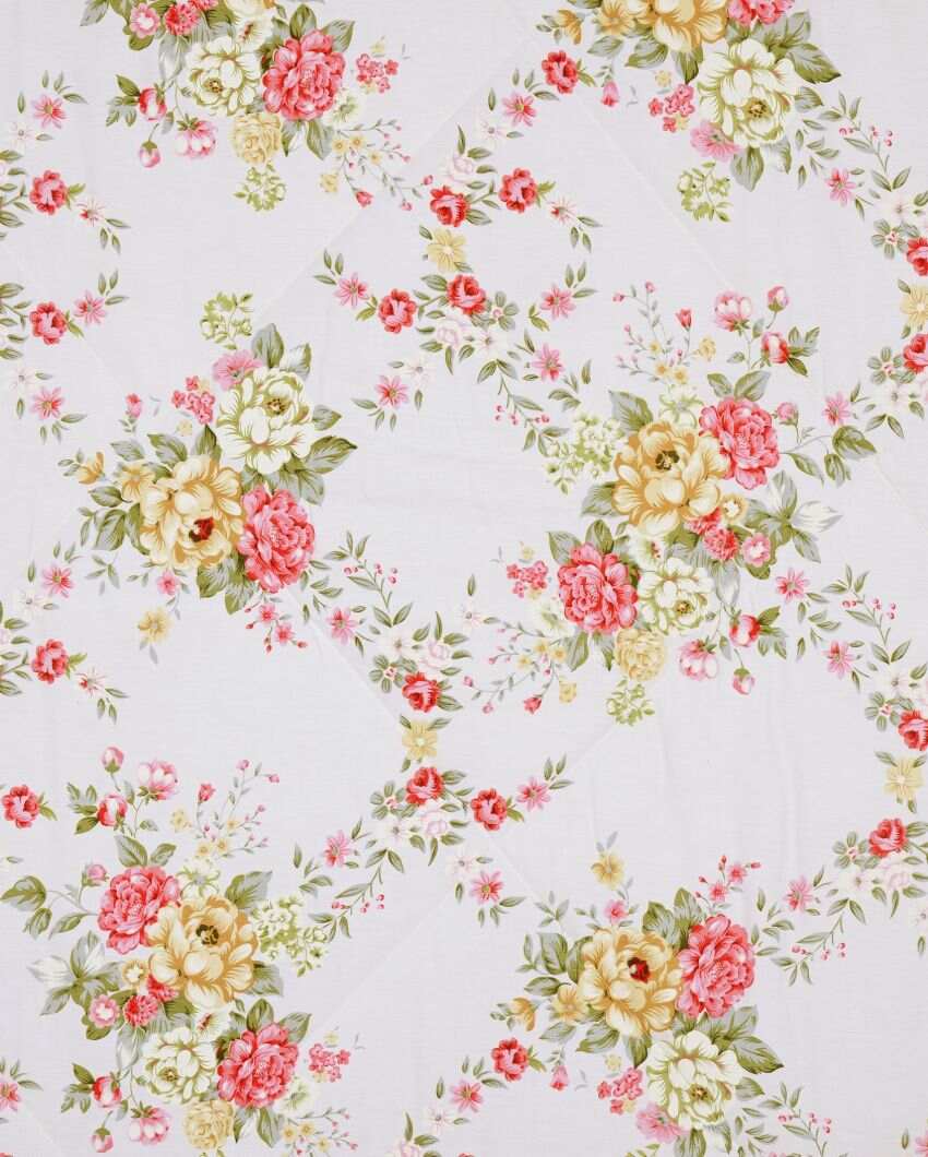 Zinnia White Floral Cotton Double Bed Size Quilt | 100 x 90 inches