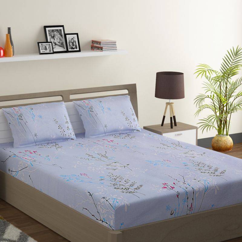 Sky Blue Floral Shadow Print Cotton Bedding Set Double Size