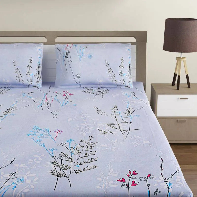 Sky Blue Floral Shadow Print Cotton Bedding Set Double Size