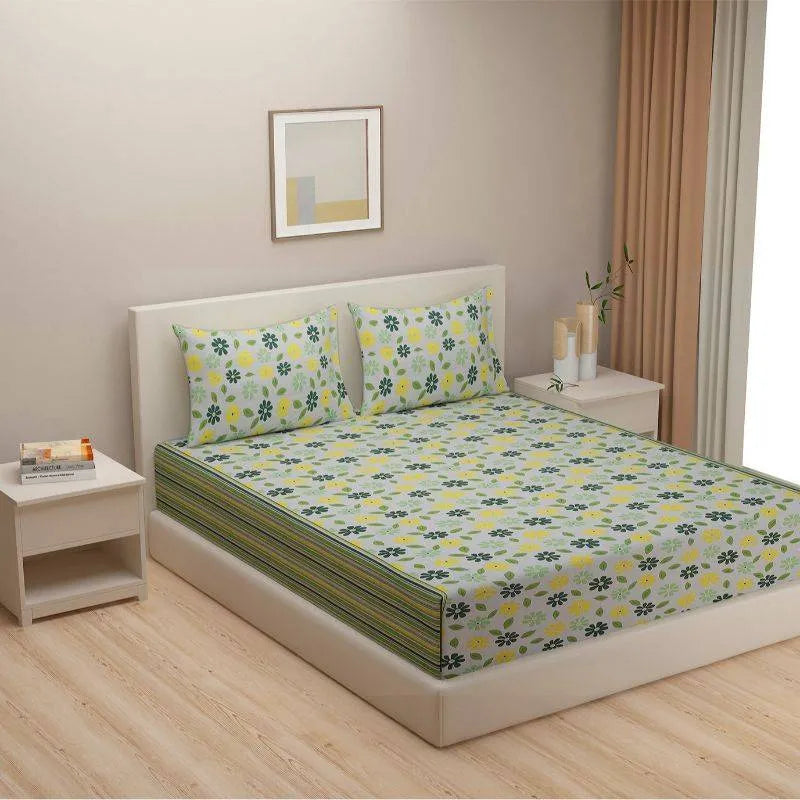 Zic Zac Green Floral Print Cotton Bedding Set | Double Size Default Title