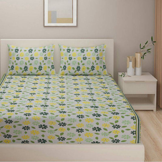 Zic Zac Green Floral Print Cotton Bedding Set | Double Size Default Title
