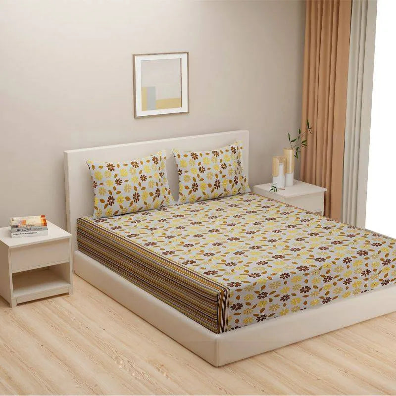 Floral Print Yellow Cotton Bedding Set | Double Size Default Title