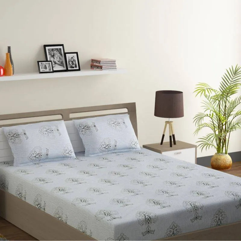 Sky Blue Floral Glow Print Cotton Bedding Set Double Size