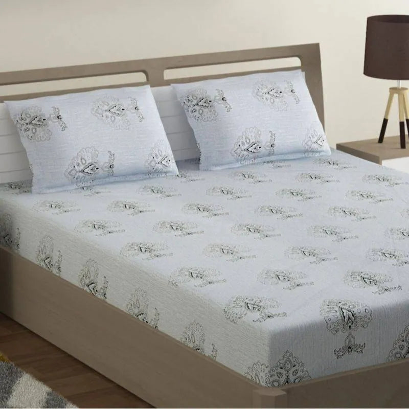 Sky Blue Floral Glow Print Cotton Bedding Set Double Size