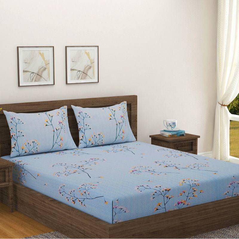 Blue Floral Glow Print Cotton Bedding Set Double Size