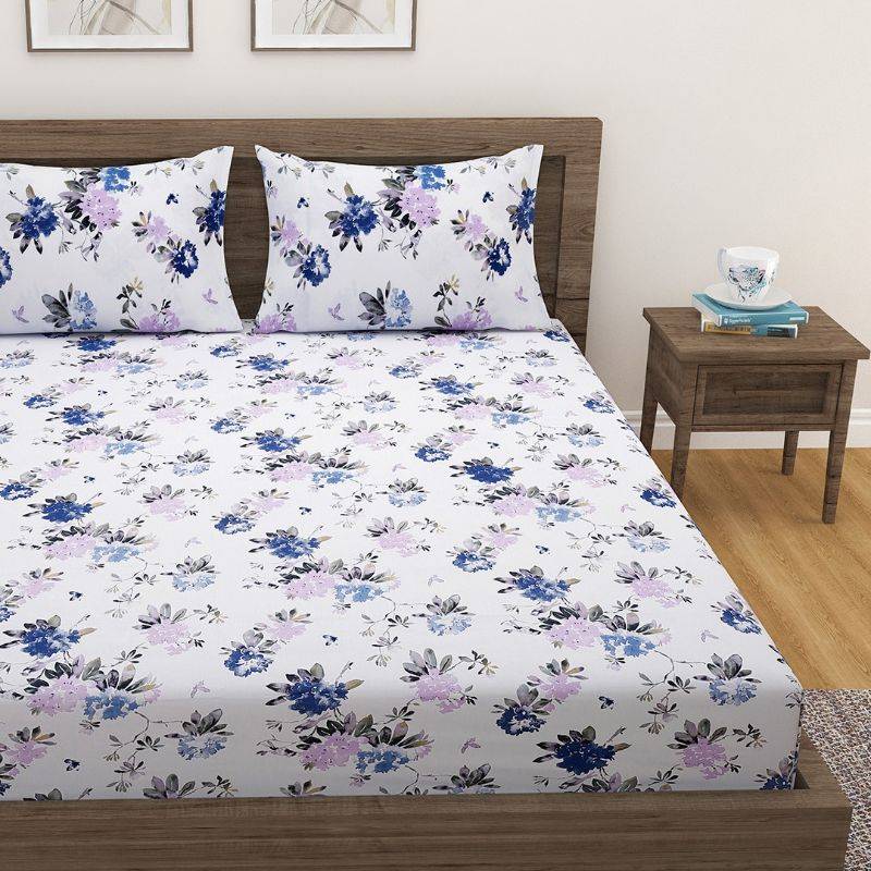 Blue Floral Glow Print Cotton Bedding Set Double Size