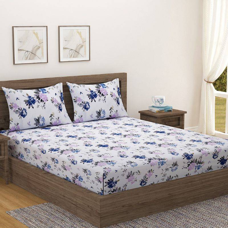 Blue Floral Glow Print Cotton Bedding Set Double Size