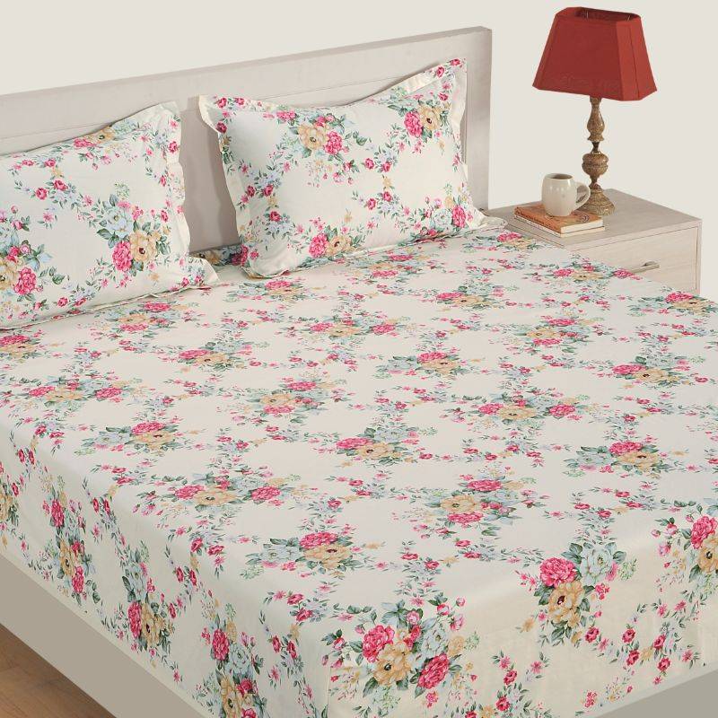 Satin Off White Floral Premium Print Cotton Bedding Set Double Size