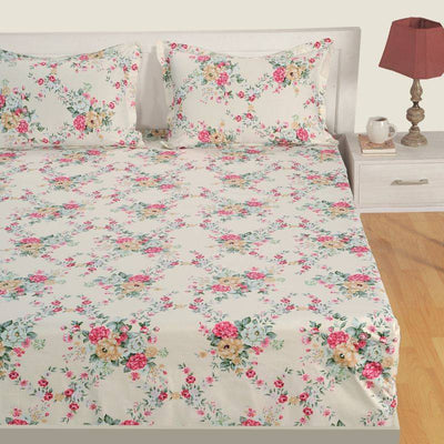 Satin Off White Floral Premium Print Cotton Bedding Set Double Size