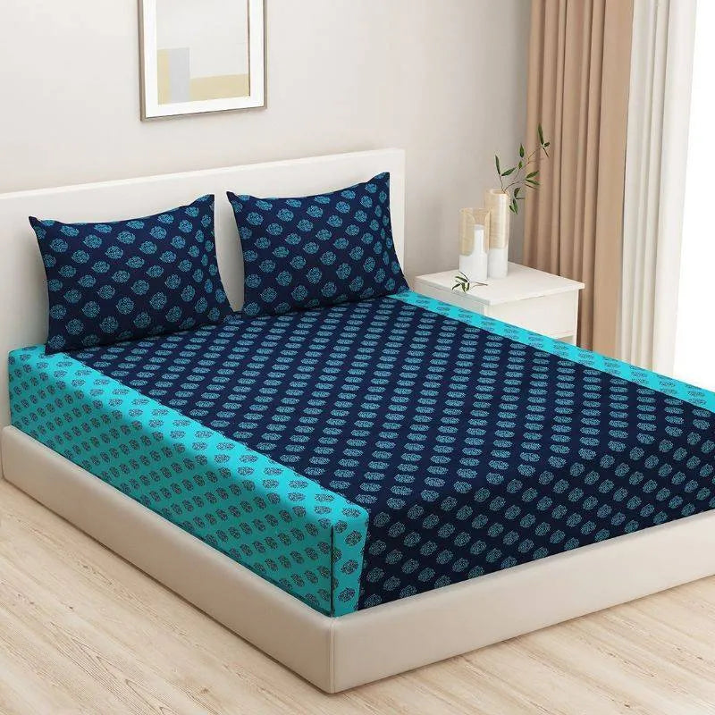 Shades of Paradise Cotton Bedding Set | Double Size | Multiple Colors Dark Blue