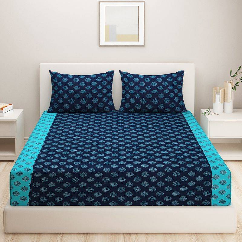 Shades of Paradise Cotton Bedding Set | Double Size | Multiple Colors Dark Blue