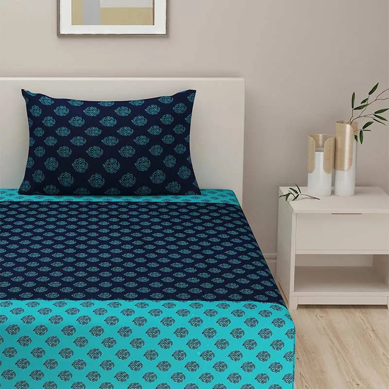 Shades of Paradise Cotton Bedding Set | Double Size | Multiple Colors Dark Blue