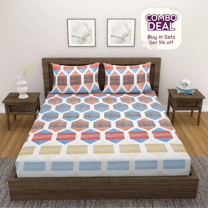 Multicolor Cotton Bedding Set With Pillow Covers | Double Size | 90 x 108 inches