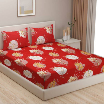 Red Motifs Modern Print Cotton Satin Bedding Set Double Size