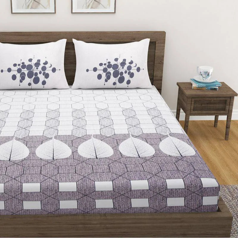 Grey Motifs Floral Modern Print Cotton Satin Bedding Set Double Size